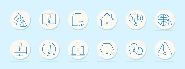 Warning and alert icon set. Caution, error, danger, notification, and safety symbols for security, attention, and risk management themes
