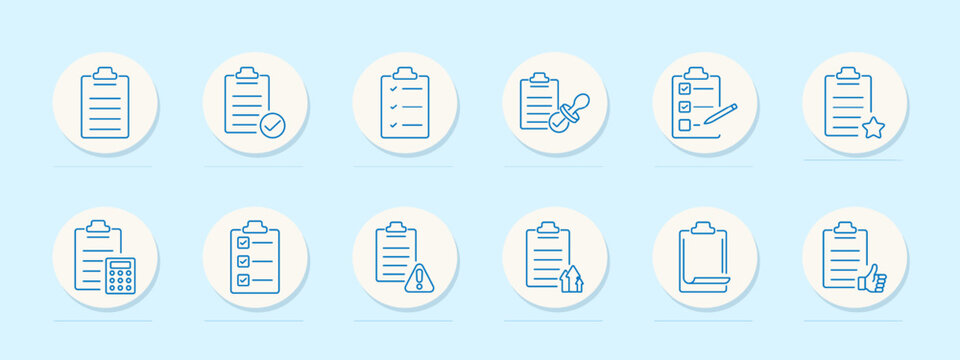 Checklist and task management icon set. To-do list, progress, verification, and planning symbols for organization, productivity, and project management themes