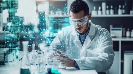 A focused male scientist in a white lab coat and protective goggles working in a modern laboratory. The holographic digital interface overlay adds a futuristic touch, symbolizing advanced technology a