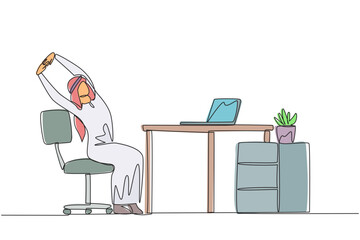 Single one line drawing Arabian man sitting in work chair while raising both hands. Stretching. Working too long in front of the laptop. Overtime. Hectic. Continuous line design graphic illustration
