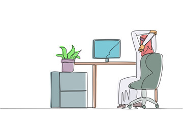 Continuous one line drawing Arab man sitting in a work chair warming up his hands above his head. Avoid being stiff due to making a lot of reports. Hectic. Single line draw design vector illustration