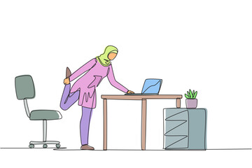 Continuous one line drawing Arab woman standing with one leg raised and her hand typing on a laptop. Taking time to stretch legs in the midst of busy work. Single line draw design vector illustration