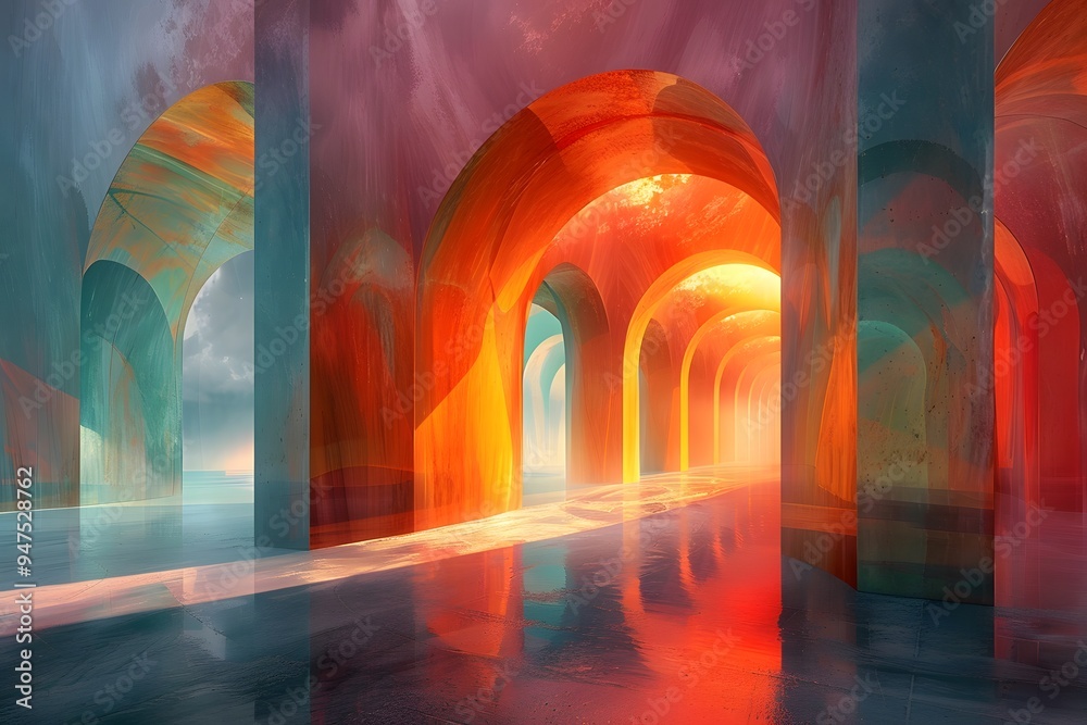 Wall mural Abstract Architecture with Colorful Arches and Reflections.