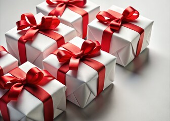 Obraz premium A festive arrangement of white-wrapped gifts adorned with vibrant red bows creates a striking diagonal display in the corner.