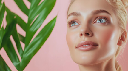 Fototapeta premium Young woman with glowing skin surrounded by greenery in a bright, pastel pink setting during daylight hours.
