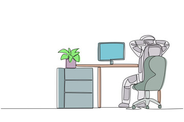 Single continuous line drawing astronaut sitting in chair with his hands holding the back of head. Rest while monitoring the location of the space expedition. One line design vector illustration