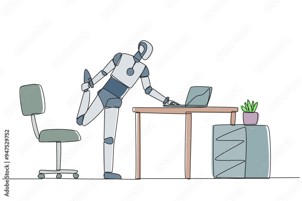 Poster single continuous line drawing robot standing with one leg raised and his hand typing on a laptop. m