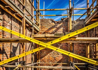 Photo image of old brick wall with exposed wooden beams and crisscrossing yellow caution tape, surrounded by construction equipment and half-built scaffolding under dark blue sky.