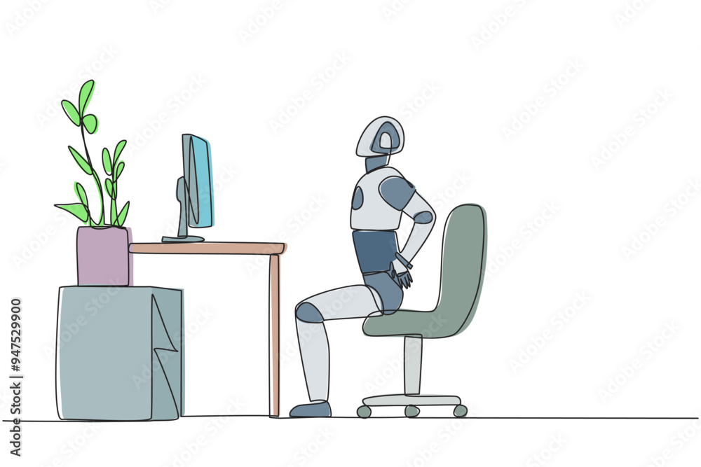 Poster continuous one line drawing robot sitting in a work chair with hands holding waist. tutorial robots.