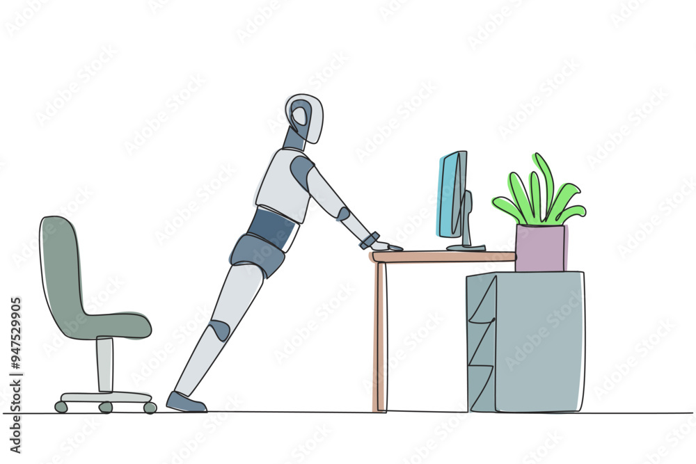 Poster single one line drawing robot do push up movements by holding edge of work table. tutorial robots. p