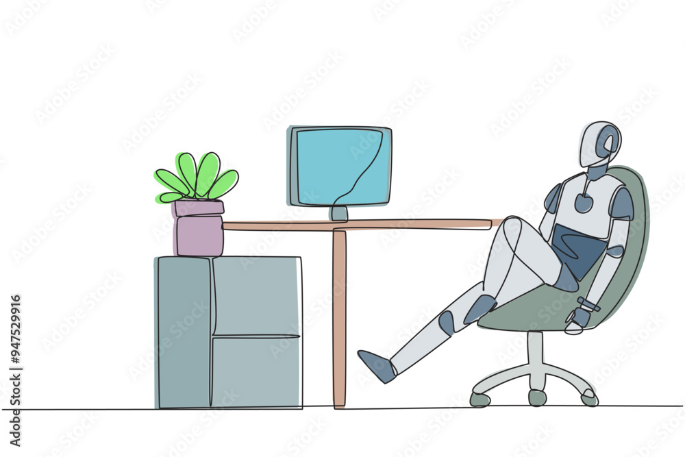 Wall mural continuous one line drawing robot sits in work chair with one of legs raised and folded. robot relax