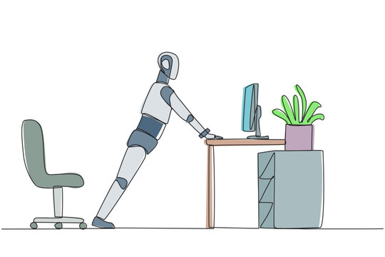 robot leaning on desk, office setting, line art clip art preview