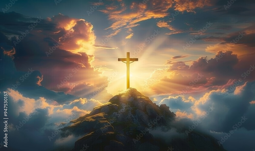 Wall mural holy cross symbolizing the death and resurrection of jesus christ with the sky over golgotha hill is