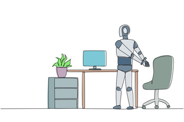 Single continuous line drawing robot stands with his hands behind his back. Stretching. Get the latest code to become smarter at exercising. Future technology. One line design vector illustration