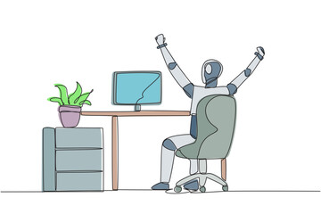 Continuous one line drawing the robot sit on chair opening and raising his hands. Stretching robot. Sitting and focusing too long. Future technology AI. Single line draw design vector illustration