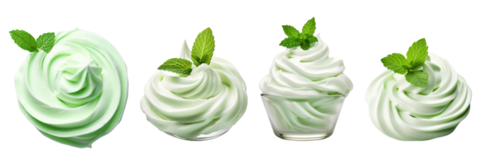 Delicious mint green whipped cream swirls, perfect for desserts or beverages, garnished with fresh mint leaves for a refreshing look.
