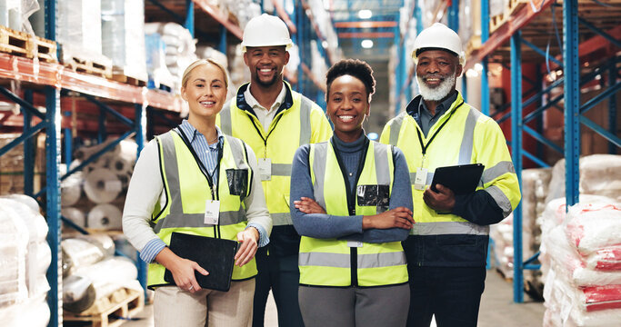 Business people, portrait and logistics with professional team for supply chain, distribution or storage at warehouse. Group, colleagues or employees with smile in confidence for inventory control