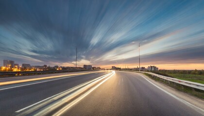 wide angle photo of a city road with a speed blur in the evening.horizon, sunset, drive, way, nature, cloud, speed, 