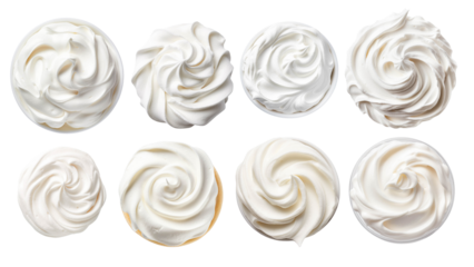 A collection of beautifully crafted white frosting swirls, perfect for desserts, cakes, and baking inspiration.