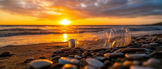 Obraz premium Plastic Bottle on Rocky Beach at Sunset. Generative ai