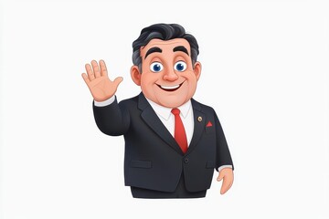 Obraz premium A cheerful cartoon character in a suit waving hello, perfect for friendly and welcoming designs or invitations.