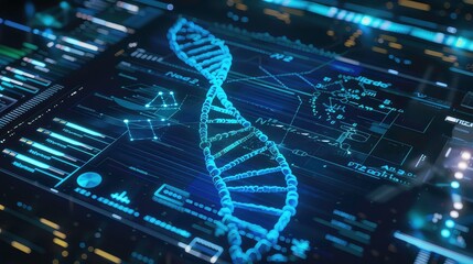 A digital representation of a DNA strand, illuminated in blue, is depicted on a futuristic interface with glowing lines and data points.