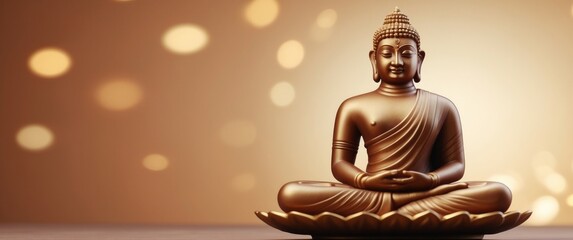 Golden Buddha Statue in Meditation Pose with Bokeh Background