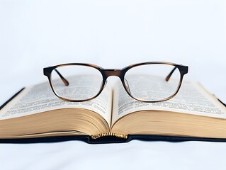 A pair of glasses sits on an open book