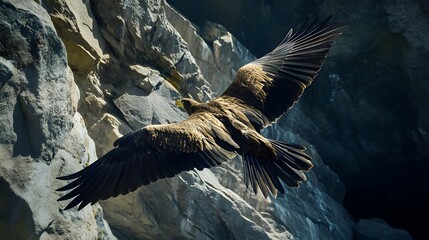 Majestic Eagle Soaring Above Rocky Mountain Cliffs in Wilderness