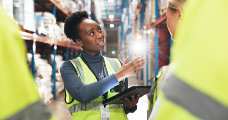 Logistics, woman and tablet in factory for management, discussion and brainstorming with team. Supervisor, tech and idea with group for planning, compliance training and information in warehouse
