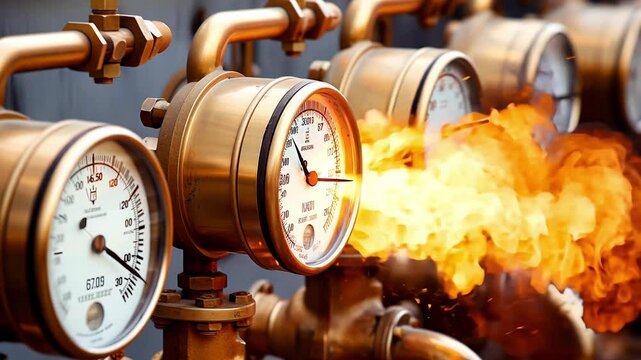 Close up of explosion of Pressure gauges and flow meters on industrial equipment