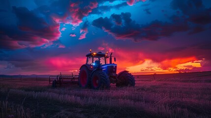 a neon-lit tractor set against a twilight sky in a field.