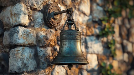 Obraz premium Antique metal bell mounted on a stone wall