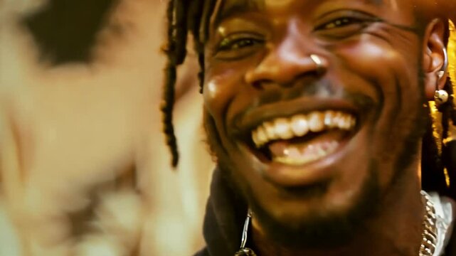 Black man with gold grillz and dreadlocks sings and dances