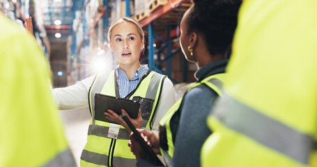 Warehouse, woman and people with tablet in meeting for inventory inspection, checklist and update....