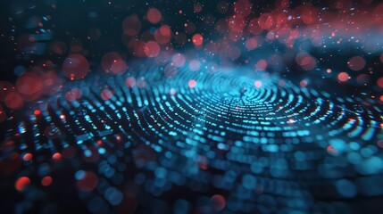 A close-up abstract image of a fingerprint pattern with a blurred background of blue and orange lights.