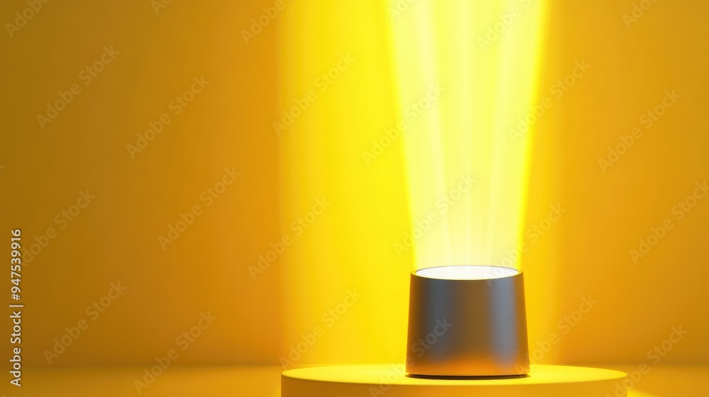 Aufkleber abstract flashlight emitting a polygonal beam onto a podium against a yellow backdrop 3d rendering i