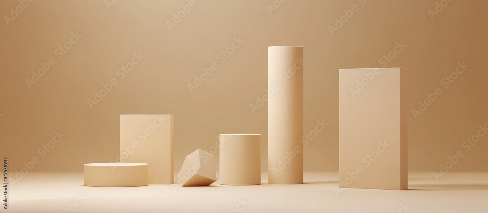 Wall mural Geometric shapes collection featuring rectangle trapezoid cylinder and octagon Empty pedestals podiums and exhibit displays rendered in 3D Isolated blank stands and pillars on a neutral background