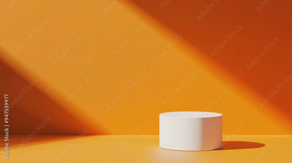 Poster simple minimal 3d render featuring a white cylinder podium on an abstract bright orange background w