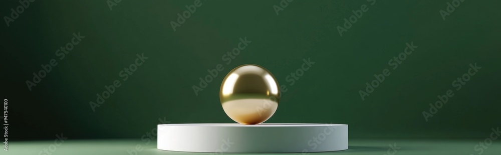 Poster Green backdrop featuring a white pedestal or podium mockup vacant platform for product display and presentation pristine stage with a golden sphere 3D rendering