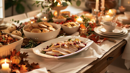Fototapeta premium Elegant Thanksgiving Dinner Setting with Natural Elements and Cozy Lighting, Autumn.