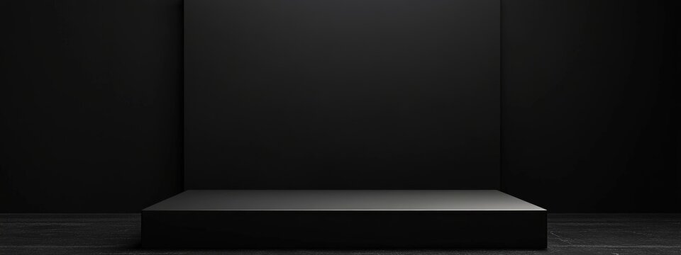 Contemporary black form on a dark backdrop Vacant platform for product presentation Box pedestal 3D rendered image