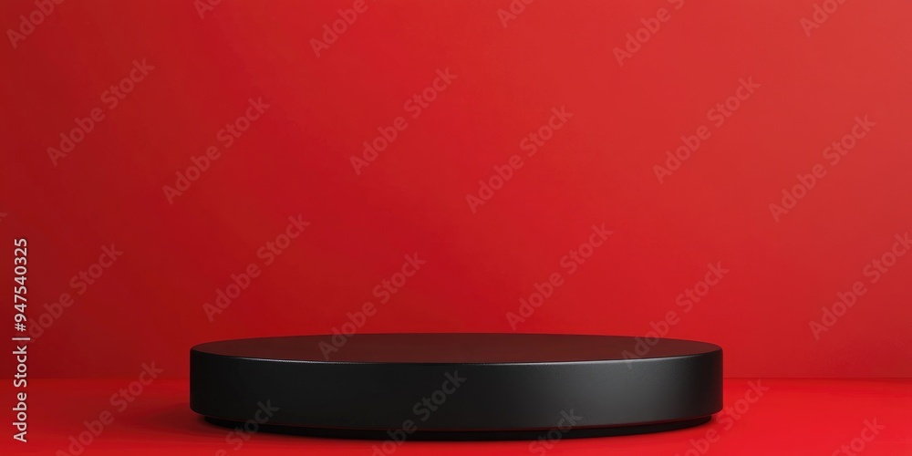 Fototapete black podium or pedestal on a red backdrop featuring a cube stand concept empty product shelf displa