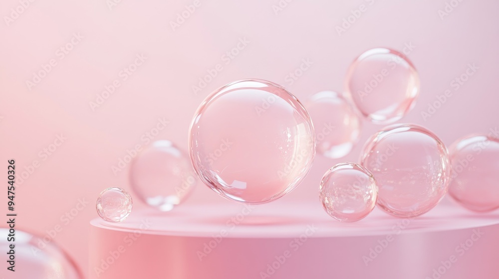 Poster Cosmetics display stand with a spherical design on a pink backdrop 3D rendering of cosmetic bubbles in a defocused setting
