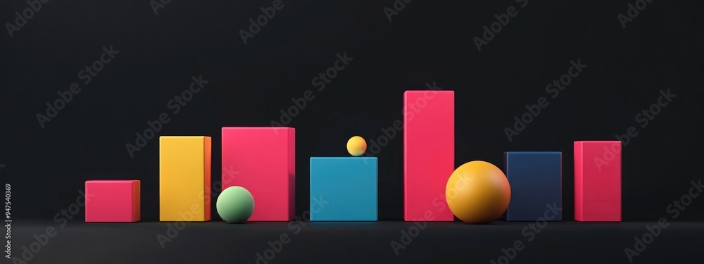 Aufkleber Colorful minimalistic empty display featuring abstract and primitive geometric shapes on a black isolated background Front view 3D rendering mockup