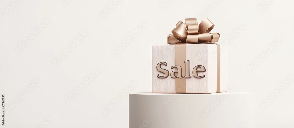 Poster Minimalist product display for holiday promotion Gift box with Sale lettering and ribbon bow on a podium against a white backdrop 3D render illustration with clipping path for each element include