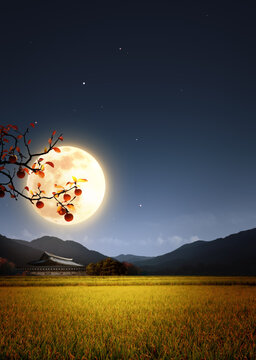 Korean traditional holiday Chuseok thank you banner and Chuseok greeting card background with abundant autumn full moon, tiled house and rice ears
