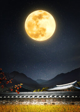 Korean traditional holiday Chuseok thank you banner and Chuseok greeting card background with abundant autumn full moon, tiled house and rice ears
