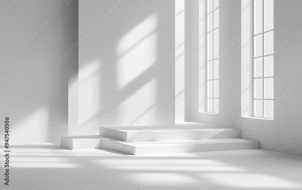 Poster Abstract 3D studio background in white tones for showcasing cosmetic products An empty grey space featuring window shadows and a blurred backdrop for product display