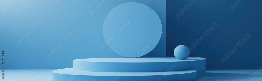 Poster minimalist blue background featuring a stand or podium for product display with empty backdrops 3d r